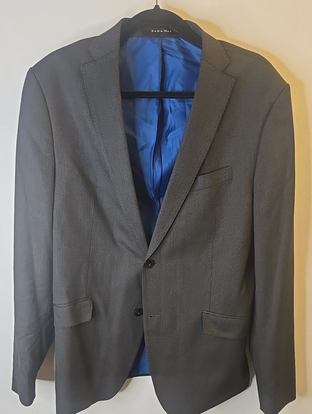 Zara Charcoal Gray Single-Breasted Blazer with Blue Lining